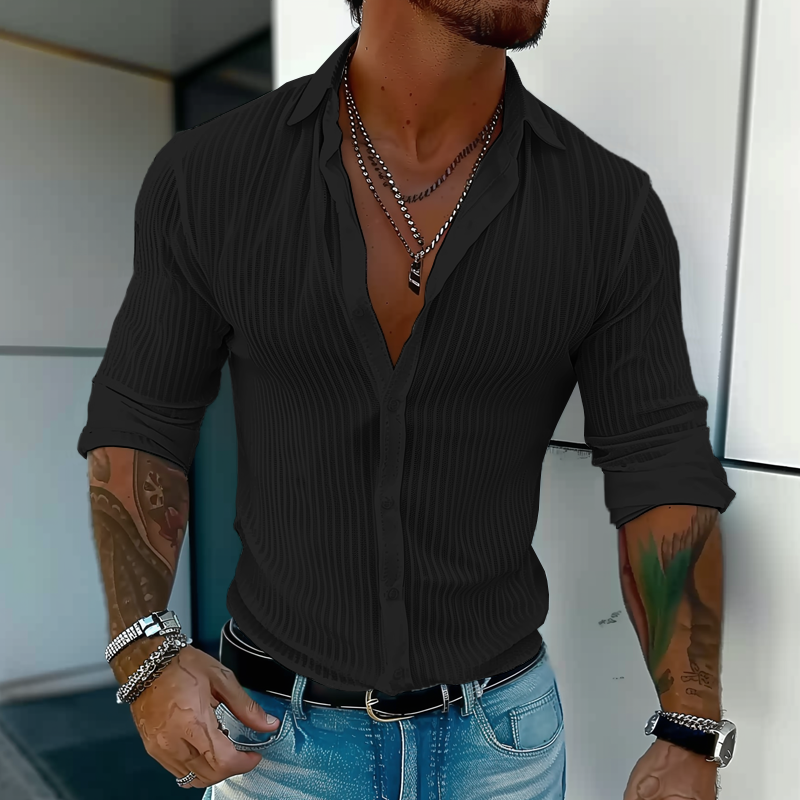 Man wearing a smart casual ribbed long sleeve button-front shirt