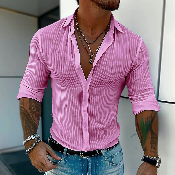 Striped pattern detail on a men's stylish ribbed long sleeve shirt