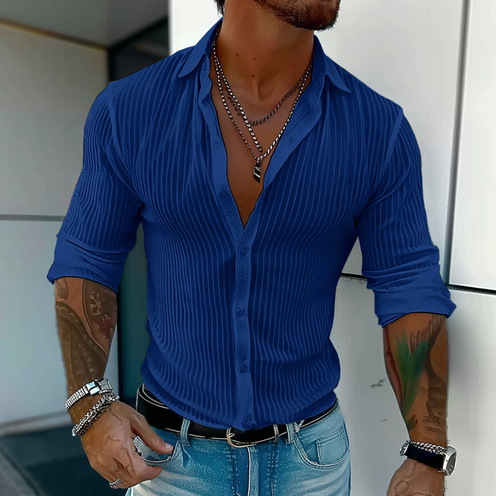 Model showcasing the fit of a men's ribbed long sleeve button-front top