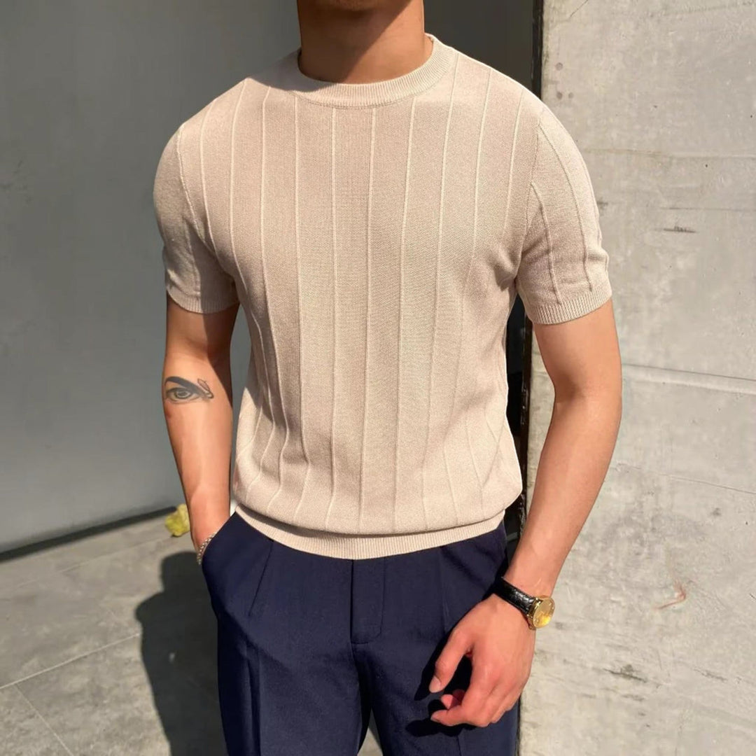Close-up of a men's ribbed t-shirt, highlighting the breathable fabric & comfortable texture. Ideal for summer fashion.