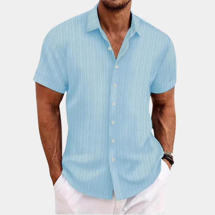 Men's stylish short-sleeve casual shirt. Perfect for warm weather, summer fashion, resort wear. Comfortable button-up.