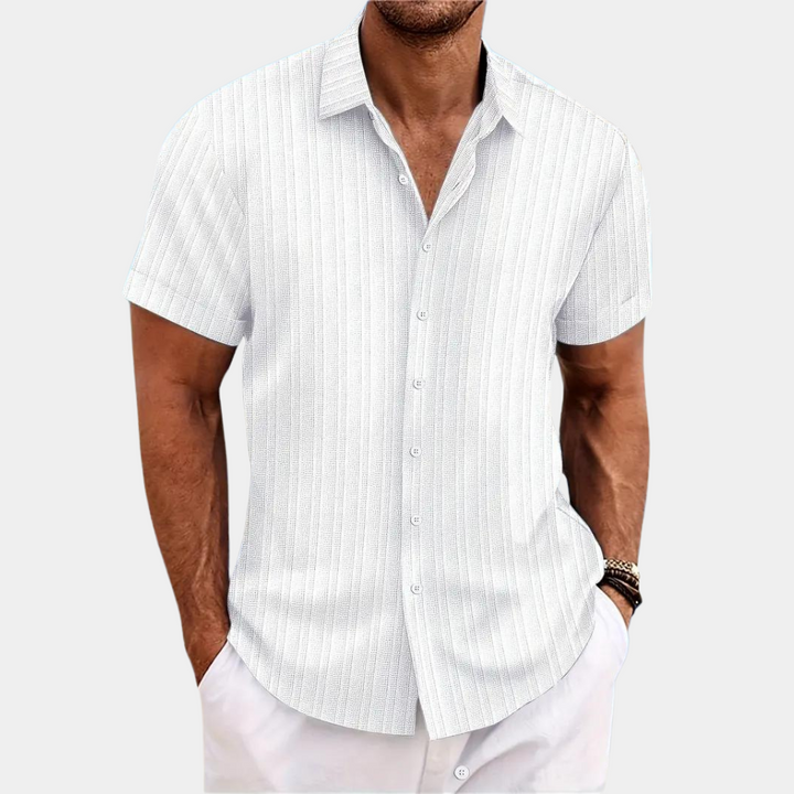Men's comfortable short-sleeve casual button-up shirt. Stylish warm weather fashion for summer & resort wear.