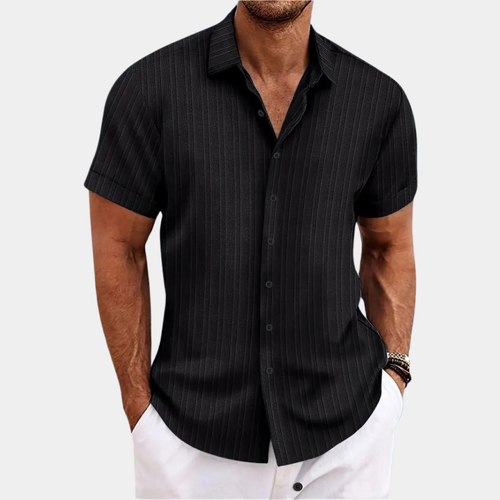 Stylish men's short-sleeve casual button-up shirt. Comfortable for warm weather, summer vacation, & resort wear.