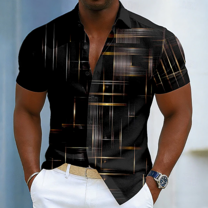 Men's stylish short sleeve geometric button shirt, perfect for summer casual wear and comfort.