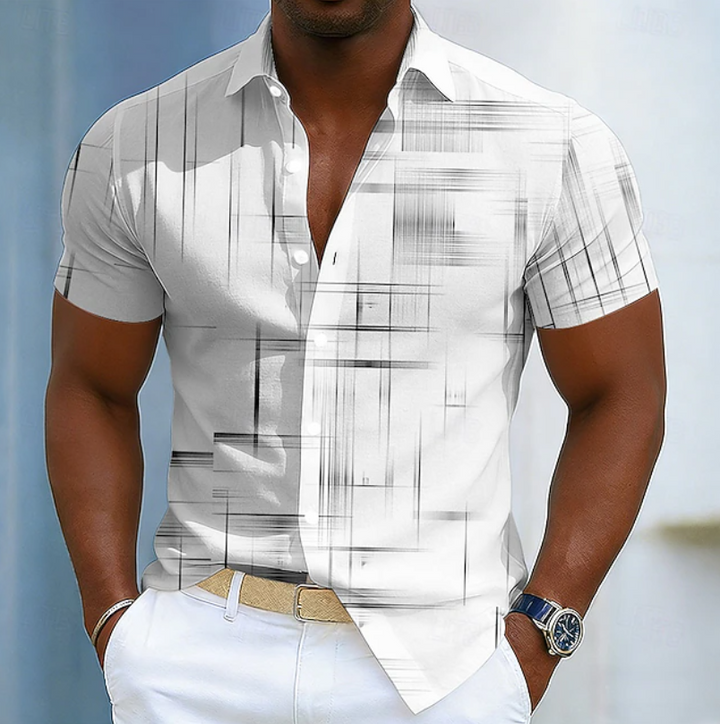 Relaxed fit men's geometric print short sleeve button-up shirt, ideal for summer fashion & vacation.