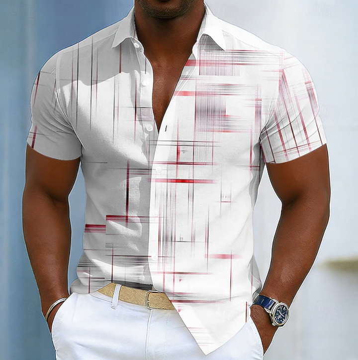 Modern geometric patterned men's short sleeve button shirt, a stylish top for casual summer comfort.