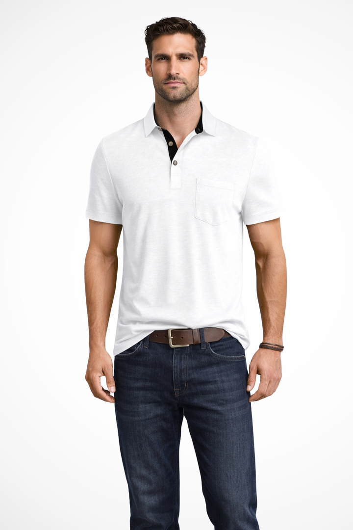 Men's stylish short sleeve polo shirt with contrast collar and chest pocket for casual wear.
