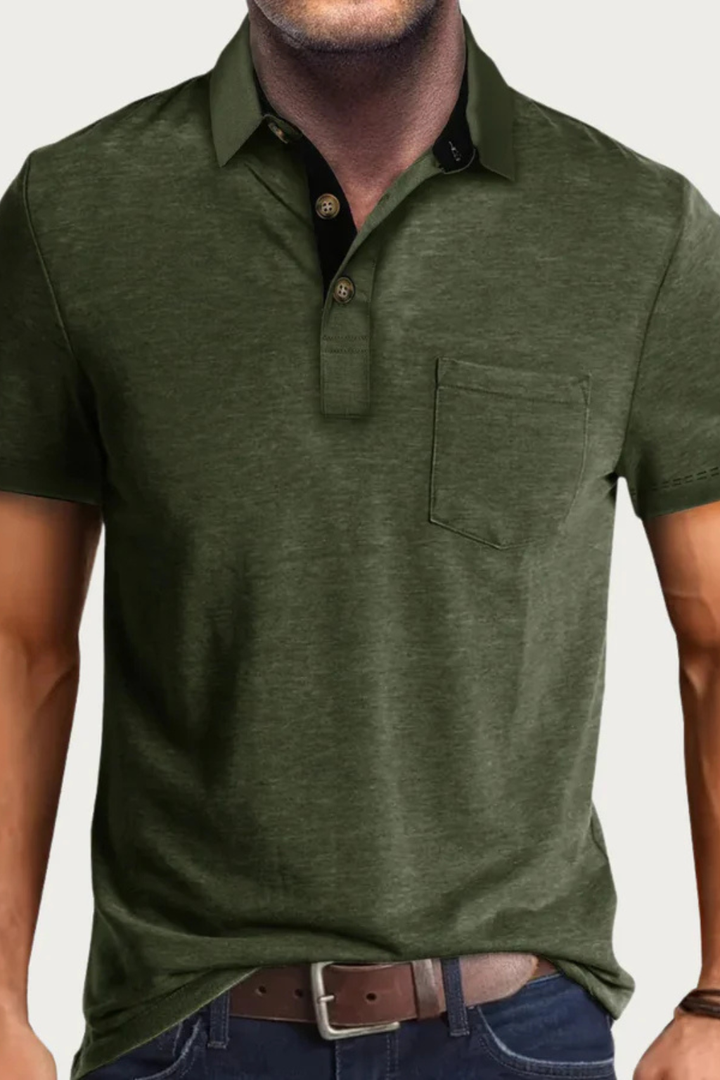 Smart casual men's polo shirt, short sleeve, with a distinctive contrast collar and useful chest pocket.