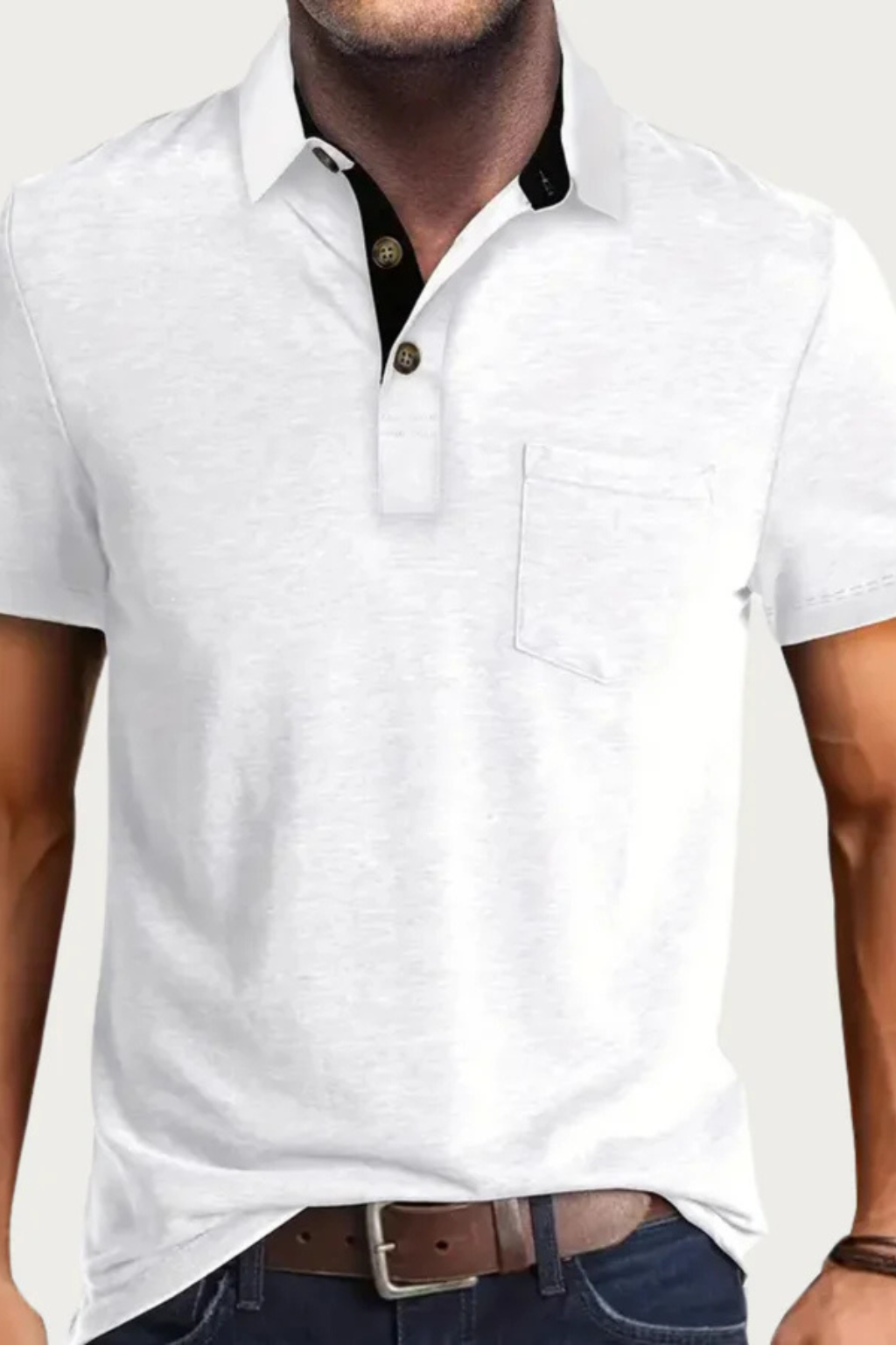 Relaxed fit men's polo, short sleeve, contrast collar & pocket. Ideal for summer casual fashion.
