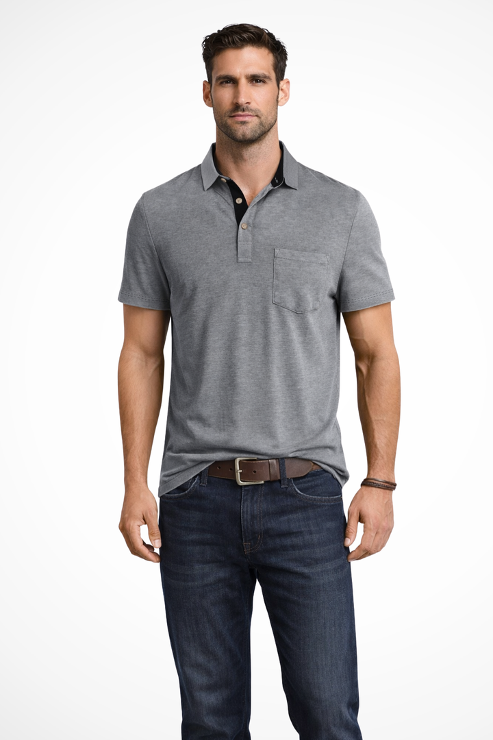 Comfortable men's short sleeve polo shirt with stylish contrast collar and a practical chest pocket.