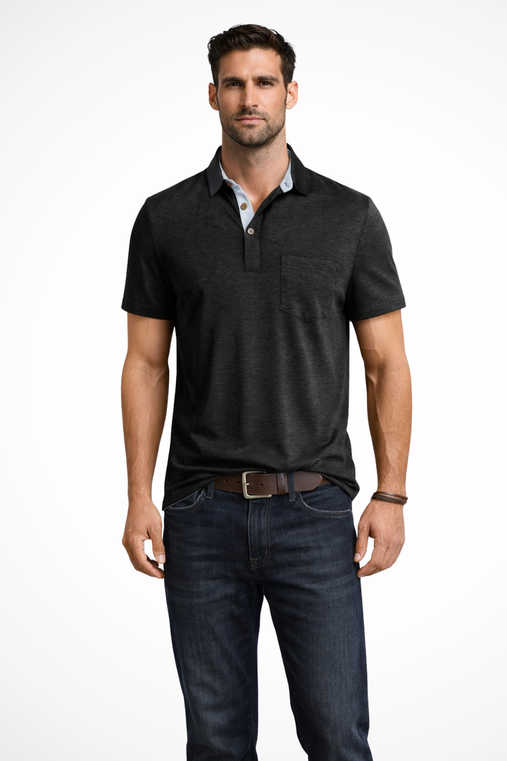 Men's casual summer top: short sleeve polo with modern contrast collar and a convenient chest pocket.