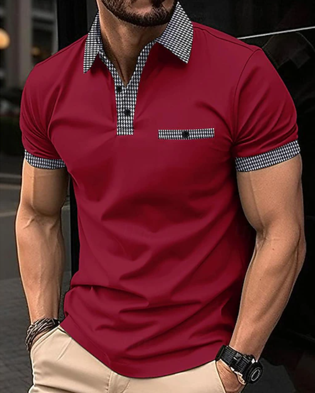Men's stylish short-sleeve polo shirt with unique checkered collar; perfect for smart casual everyday comfort.