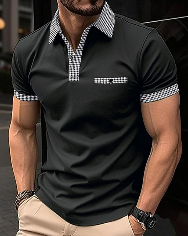 Stylish man wearing a comfortable short-sleeve polo shirt, ideal for casual spring, summer, and everyday wear.