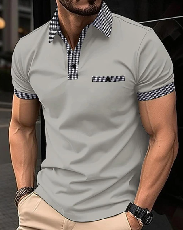 Comfortable men's polo shirt with a unique checkered collar, perfect for versatile smart casual spring/summer outfits.