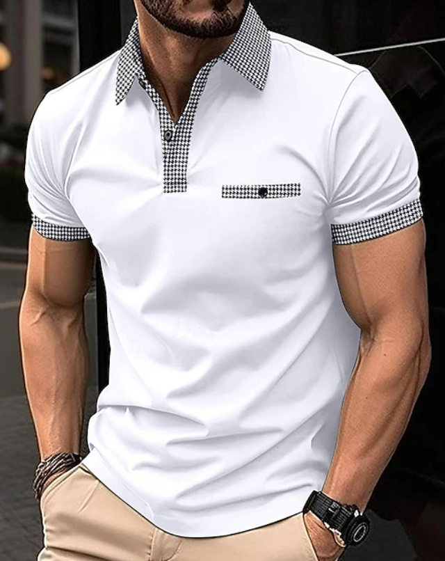 Refined men's short-sleeve polo shirt, featuring a stylish checkered collar for elevated casual and everyday comfort.
