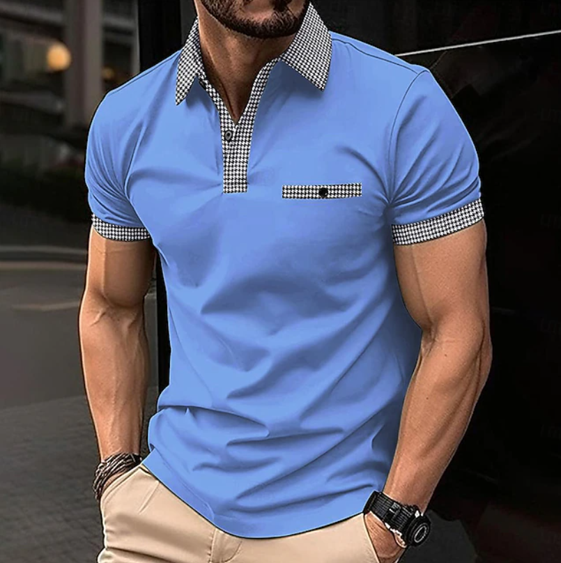Front view of a men's collared shirt, showcasing the stylish checkered detail and comfortable, versatile design.