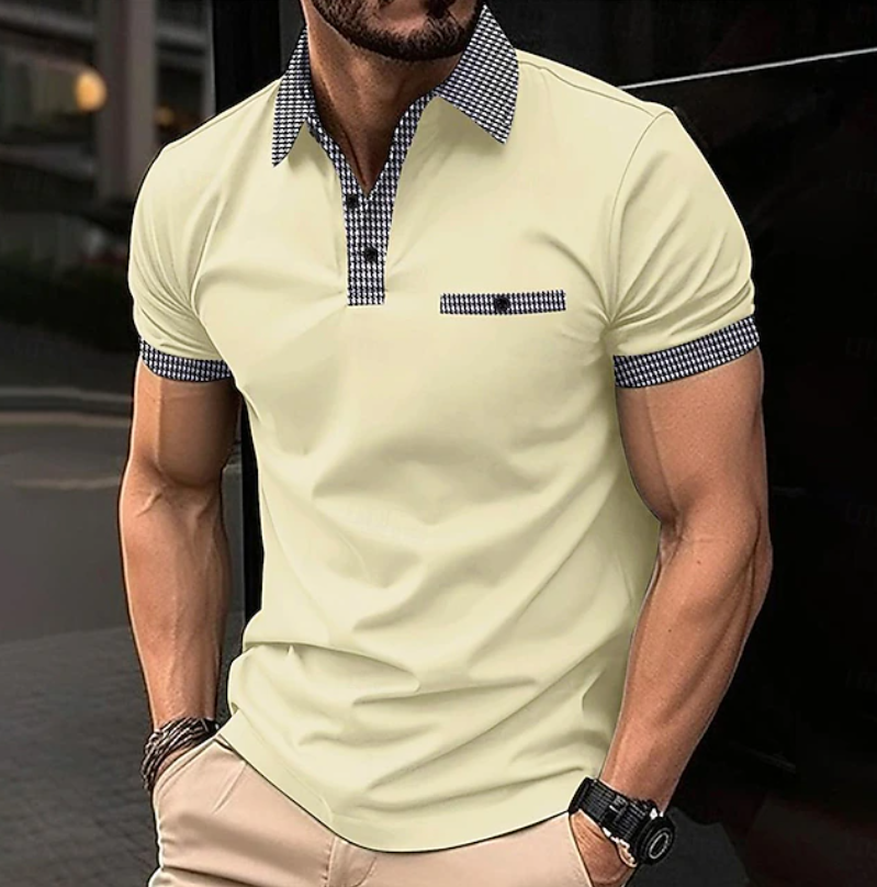 Button-down men's polo shirt, designed for spring/summer wear, featuring a distinctive checkered collar.