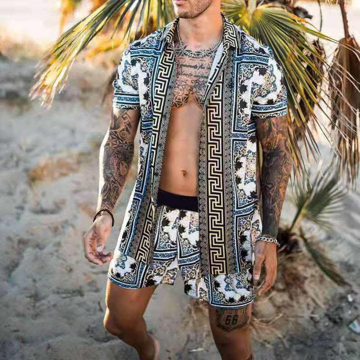 Lightweight men's two-piece summer set: short sleeve shirt & matching shorts. Ideal for beach or casual outings.
