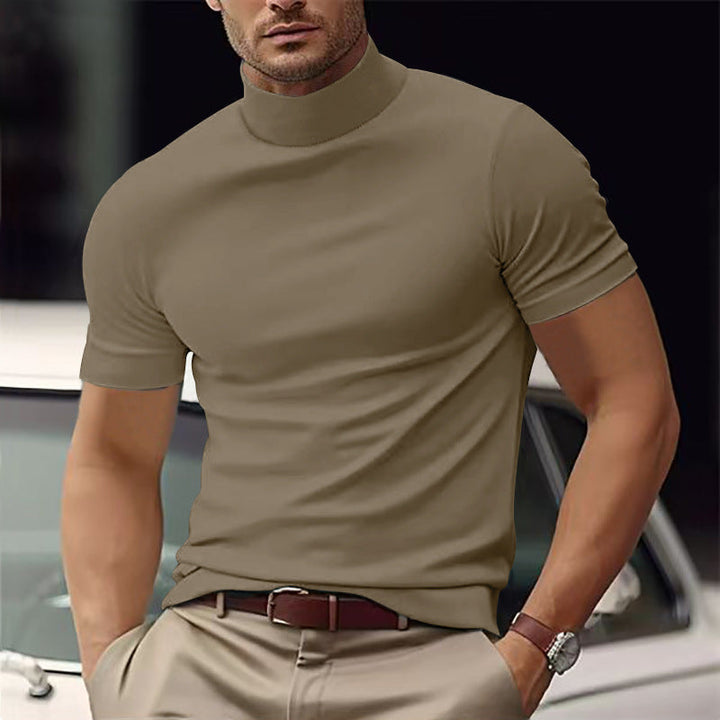 Modern men's short sleeve turtleneck t-shirt, a stylish slim-fit top for contemporary casual fashion.