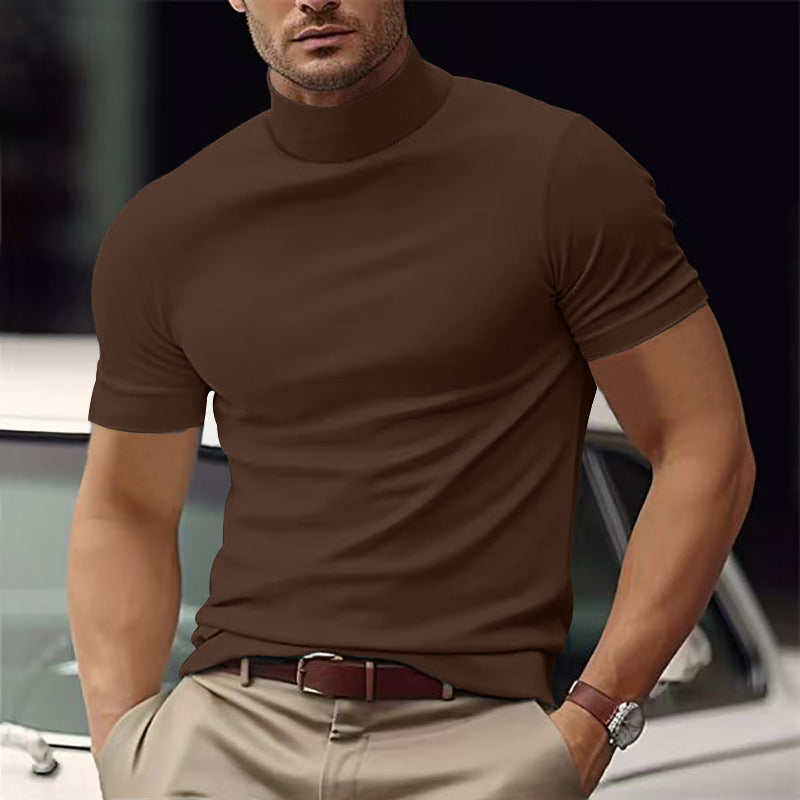 Modern men's short sleeve turtleneck t-shirt, a stylish slim-fit top for contemporary casual wear.