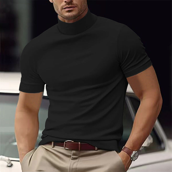 Slim fit men's short sleeve turtleneck t-shirt, offering comfort and style for modern men's apparel.