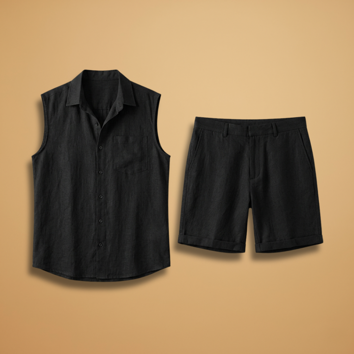 Men's stylish sleeveless button shirt & shorts summer set. Perfect for beach or vacation wear.