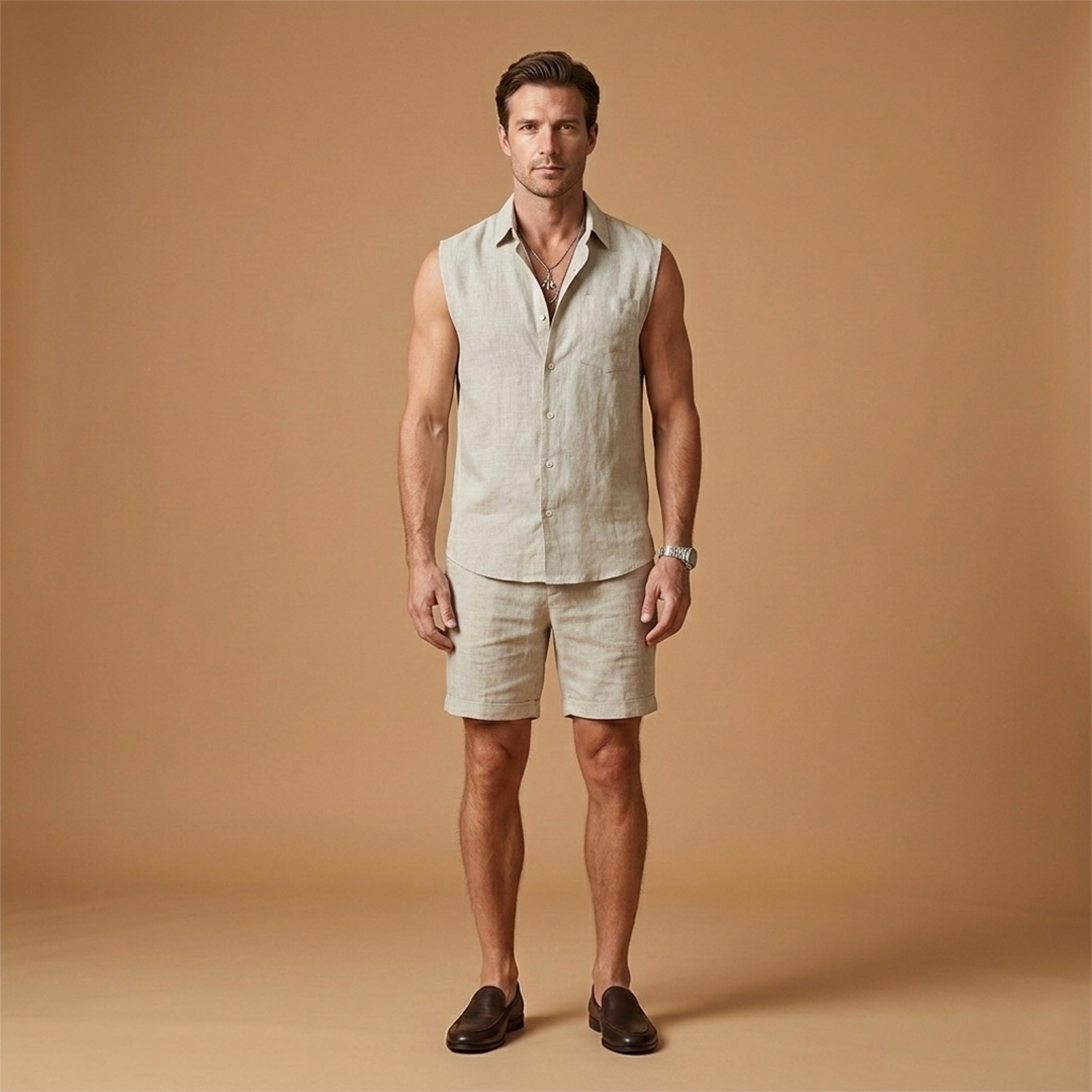 Lightweight men's sleeveless shirt & shorts summer set. Ideal for casual, beach, or vacation wear.