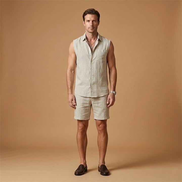 Lightweight men's sleeveless shirt & shorts summer set. Ideal for casual, beach, or vacation wear.