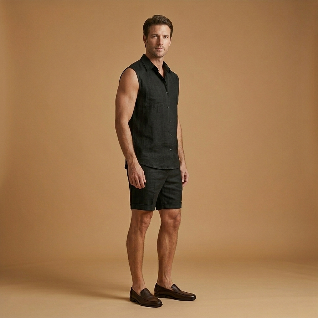 Men's sleeveless button-up shirt & shorts summer set. Trendy two-piece casual beach & vacation apparel.