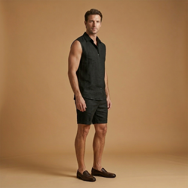 Men's sleeveless button-up shirt & shorts summer set. Trendy two-piece casual beach & vacation apparel.