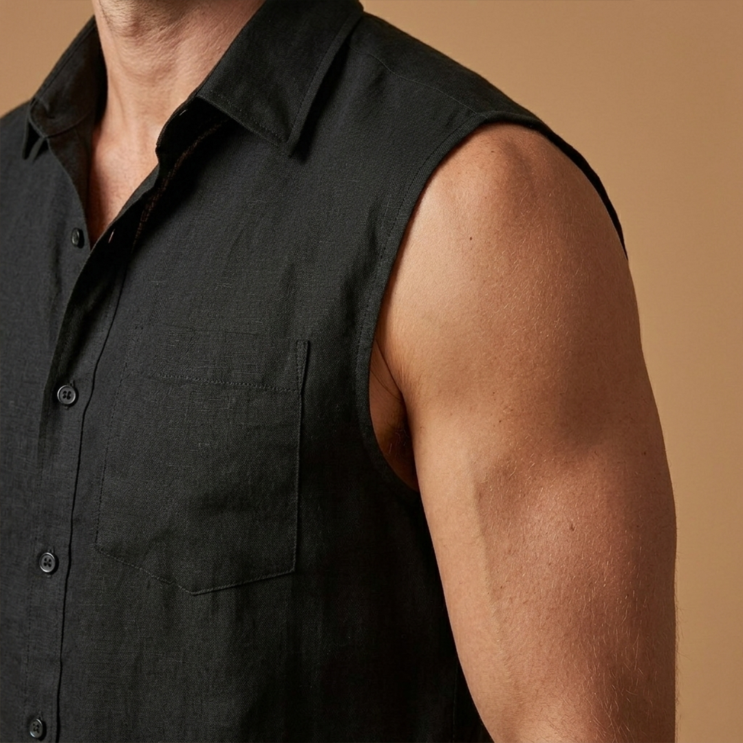 Casual men's two-piece summer set featuring a stylish sleeveless button shirt & comfortable shorts.