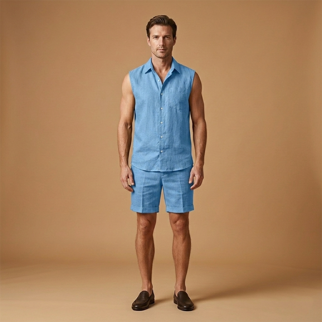 Men's stylish sleeveless button shirt & shorts summer set, perfect for a relaxed and cool vacation.