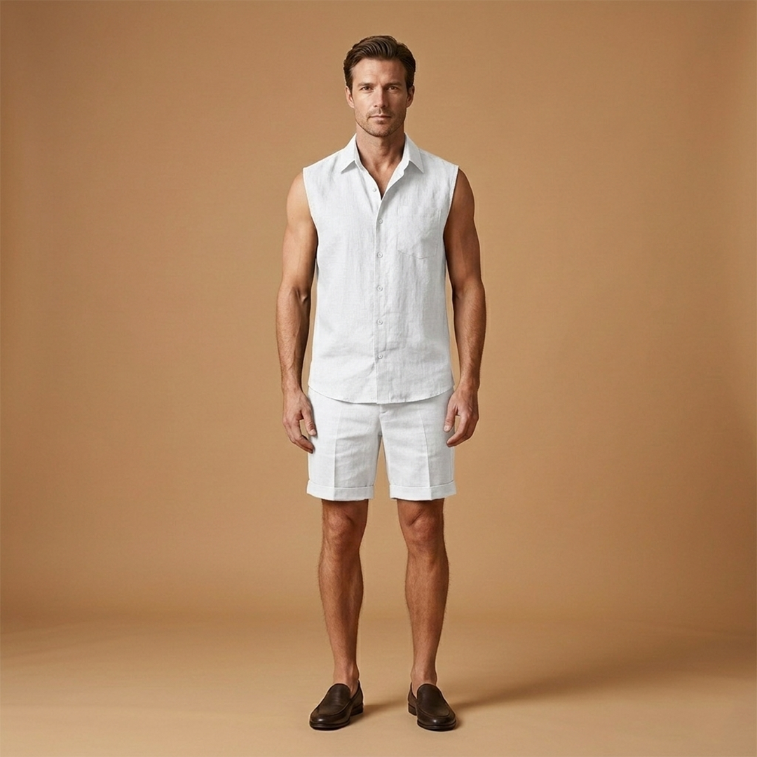 Men's fashion summer set: sleeveless button shirt & shorts. A two-piece casual beach vacation outfit.