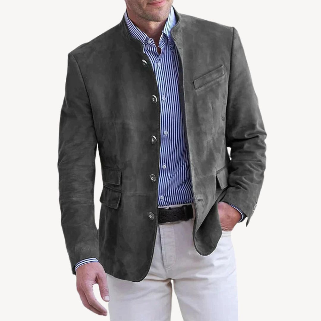Gray men's button-up stand collar blazer. A sleek, modern jacket for a business casual or contemporary smart look.