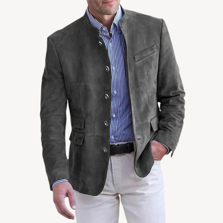 Gray men's button-up stand collar blazer. A sleek, modern jacket for a business casual or contemporary smart look.