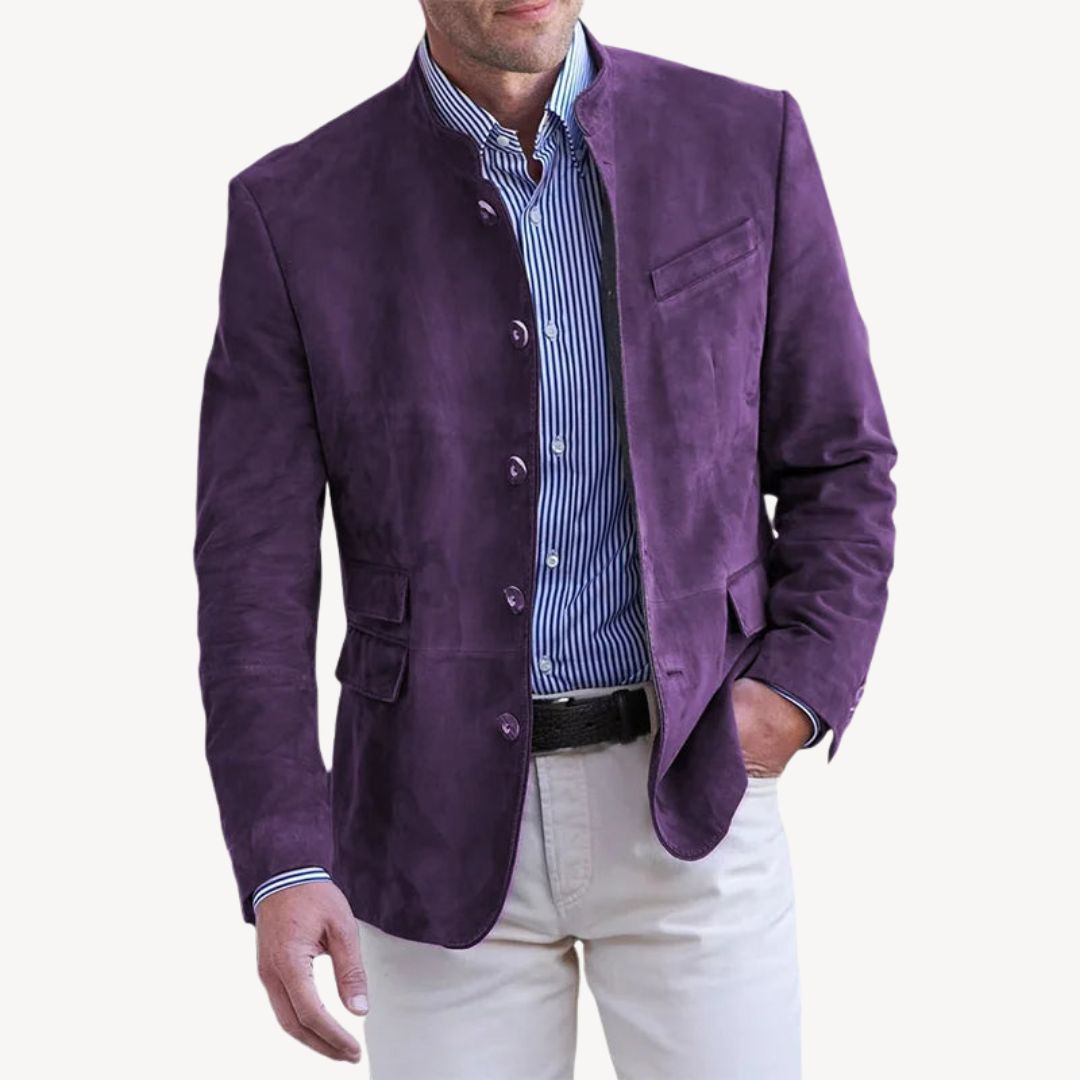 Brown men's stylish stand collar blazer jacket. Perfect for versatile smart casual wear, offering a modern aesthetic.