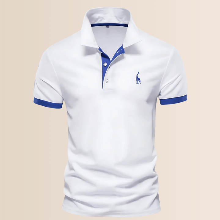 Stylish men's polo shirt, stand collar, V-neck design, perfect for casual spring & summer; everyday wear.