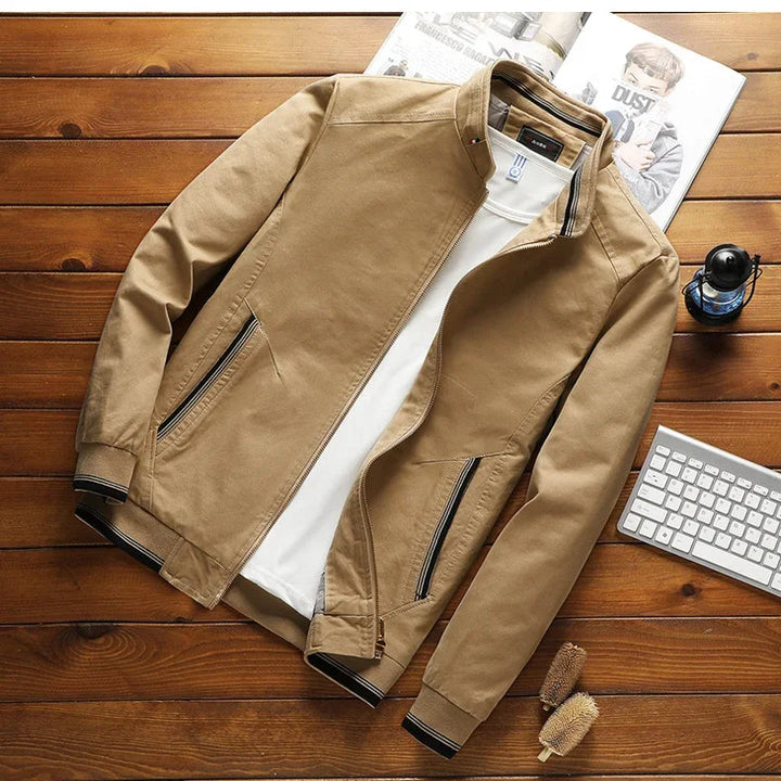 Men's stylish stand-up collar bomber jacket, perfect casual outerwear for all seasons. Available in multiple colors.