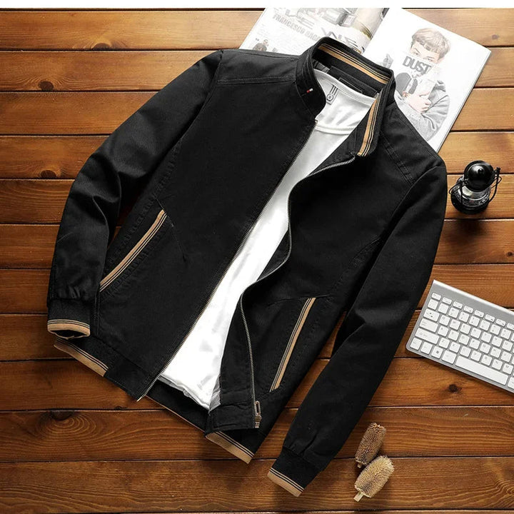 Blue men's casual stand-up collar bomber jacket. Comfortable, fashionable outerwear suitable for any season.