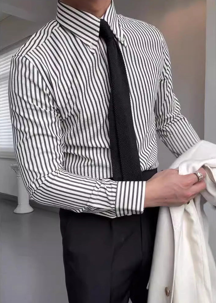 Striped long-sleeve men's button-down shirt with a regular fit, ideal as a versatile formal or casual dress shirt.