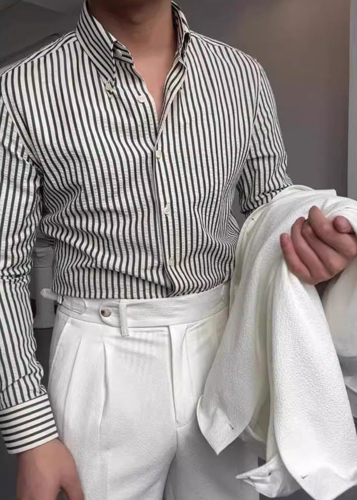 Versatile men's striped button-down shirt for dressy or casual wear. Long sleeve, regular fit for men's fashion.