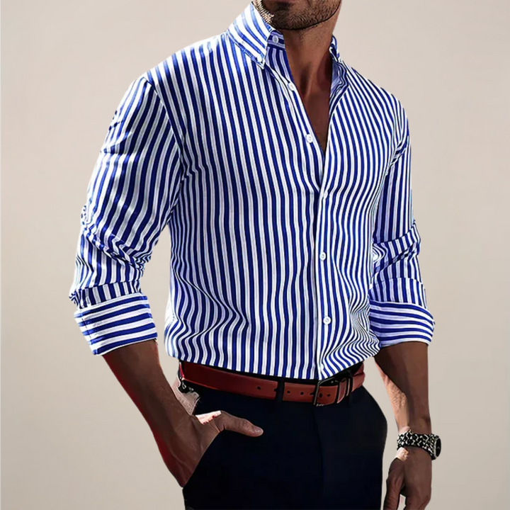 Men's stylish striped button-front shirt with long cuffed sleeves, ideal for smart-casual and versatile fashion.