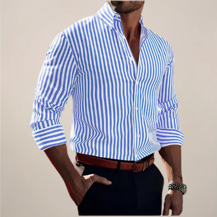 Classic men's long sleeve striped shirt, a button-front top featuring a clean pattern, suitable for casual & formal.