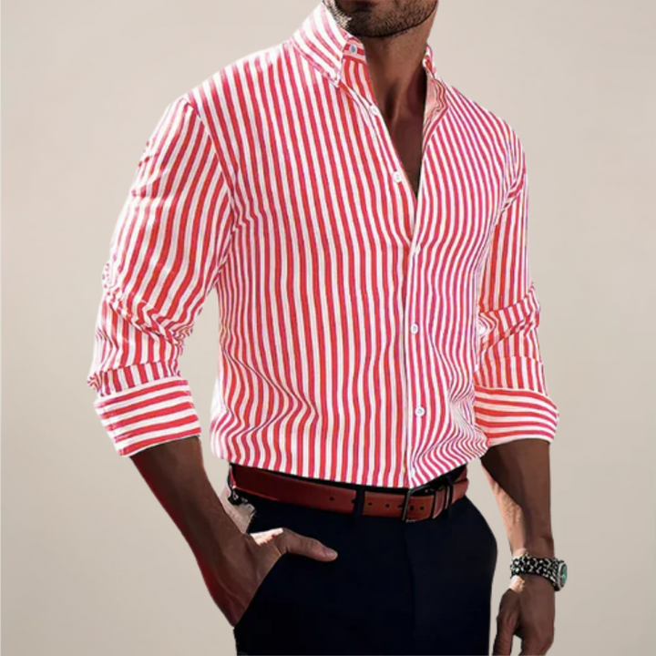 Modern men's striped button-down shirt with long sleeves, offering a sharp, comfortable look for any smart-casual occasion.