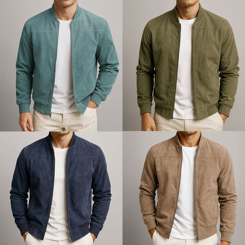 Detail shot of men's casual summer jacket in a stylish suede-look fabric.