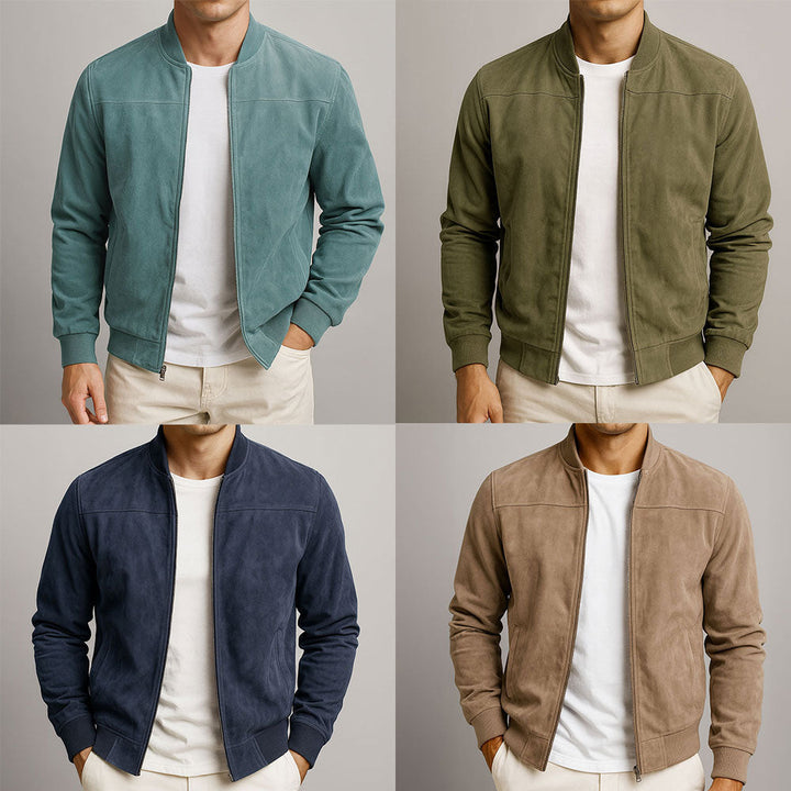 Detail shot of men's casual summer jacket in a stylish suede-look fabric.