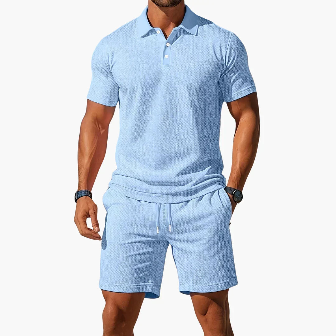 Men's stylish summer polo and shorts set in a light fabric, perfect for warm weather casual wear.