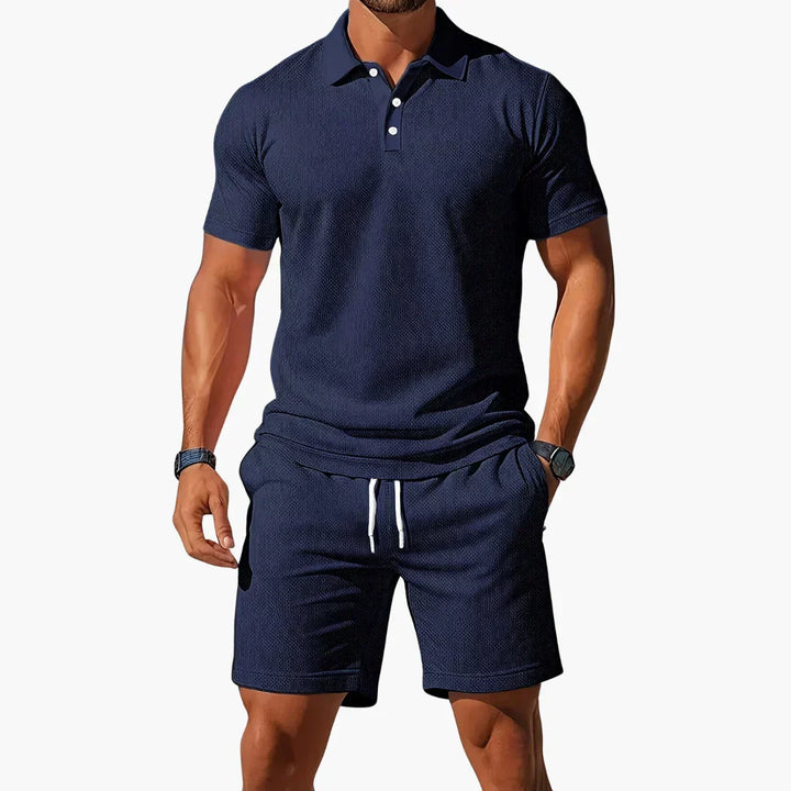 Comfortable men's two-piece polo and shorts set for ultimate summer leisure and casual fashion.