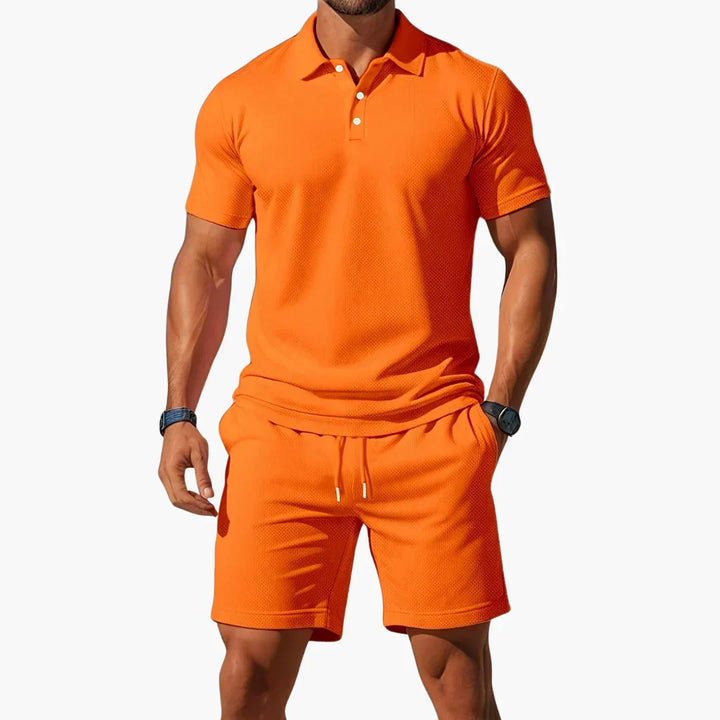 Tailored men's polo shirt and matching shorts, an elegant summer outfit for stylish warm-weather comfort.
