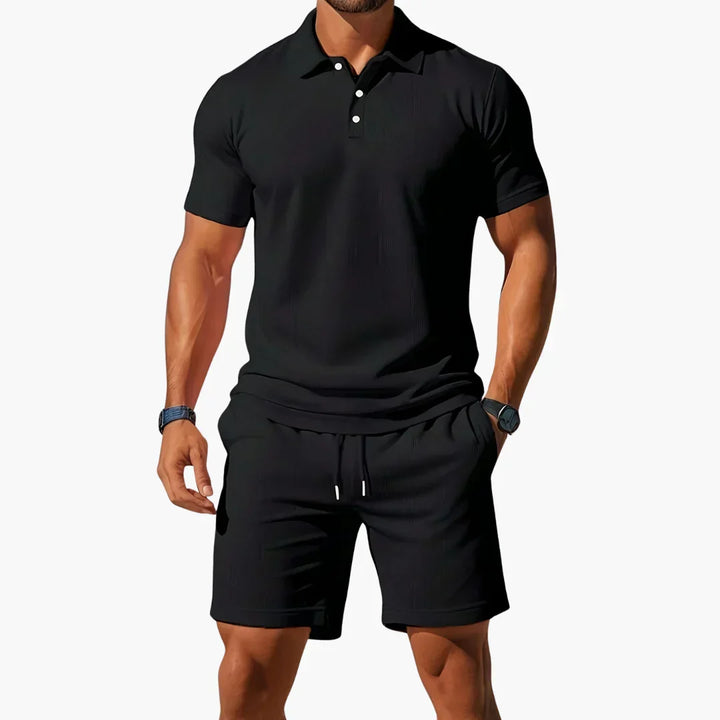 Versatile men's two-piece set: a comfortable polo and matching shorts for stylish summer casual wear.